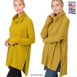 NWOT 3x Zenana waffle hi/low swt thermal cowl neck Olive Mustard Women's Sweater